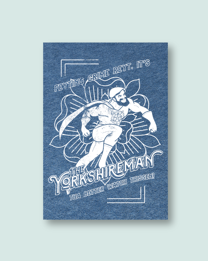 White & Blue Print of The Yorkshireman on a Light Blue Background