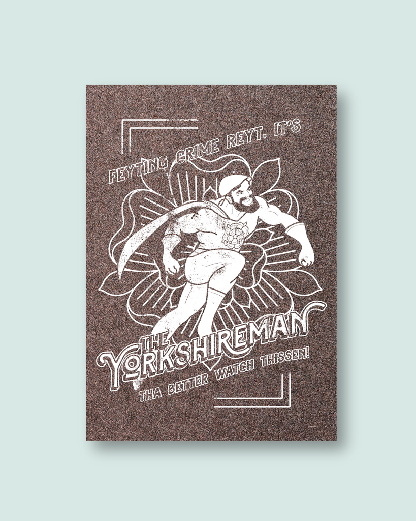 White  & Brown Print of The Yorkshireman on a Light Blue Background