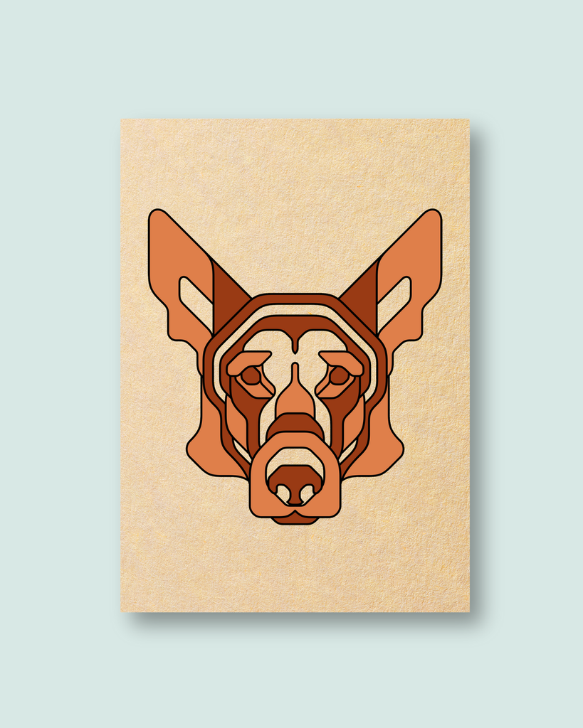 Screen print of a stylized dog's face on a beige background