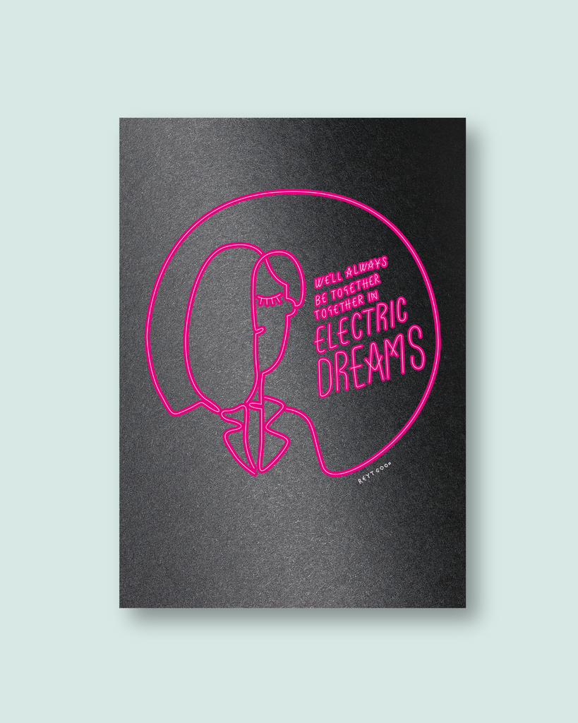 Black poster with pink outline of together in electric dreams and woman on a light gray background