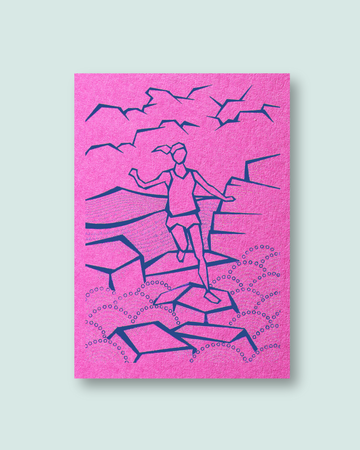 Pink print with a blue line drawing of a women on a mountain on a light gray background