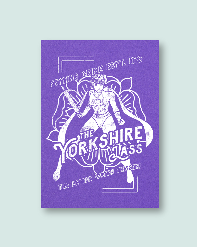 Screen print on purple paper of the yorkshirelass in white ink