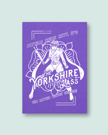 Screen print on purple paper of the yorkshirelass in white ink