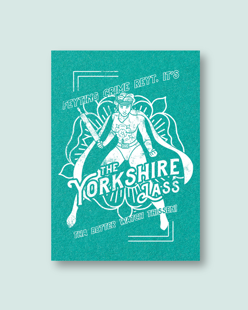 White  & Teal Print of The Yorkshirelass on a Light Blue Background