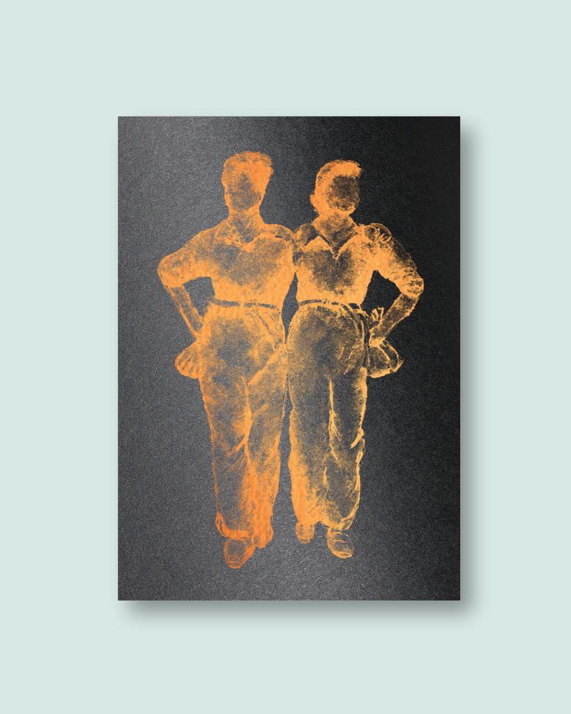 Screen Print on black paper with copper ink of the women of steel on a light blue background