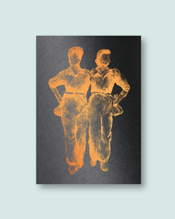 Screen Print on black paper with copper ink of the women of steel on a light blue background