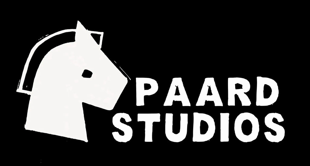 White logo of a horse head with 'Paard Studios' text on a black background