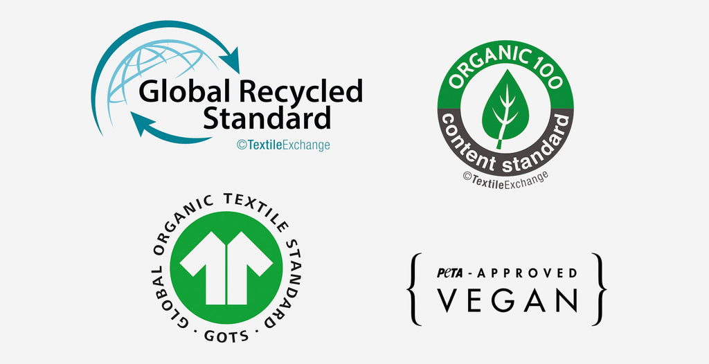 Logos for Global Recycled Standard, Organic Textile Standard, and PETA Approved Vegan on a white background